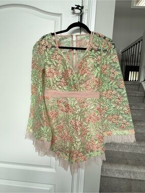 Floral Embroidered Mesh Romper in Pink and Green
